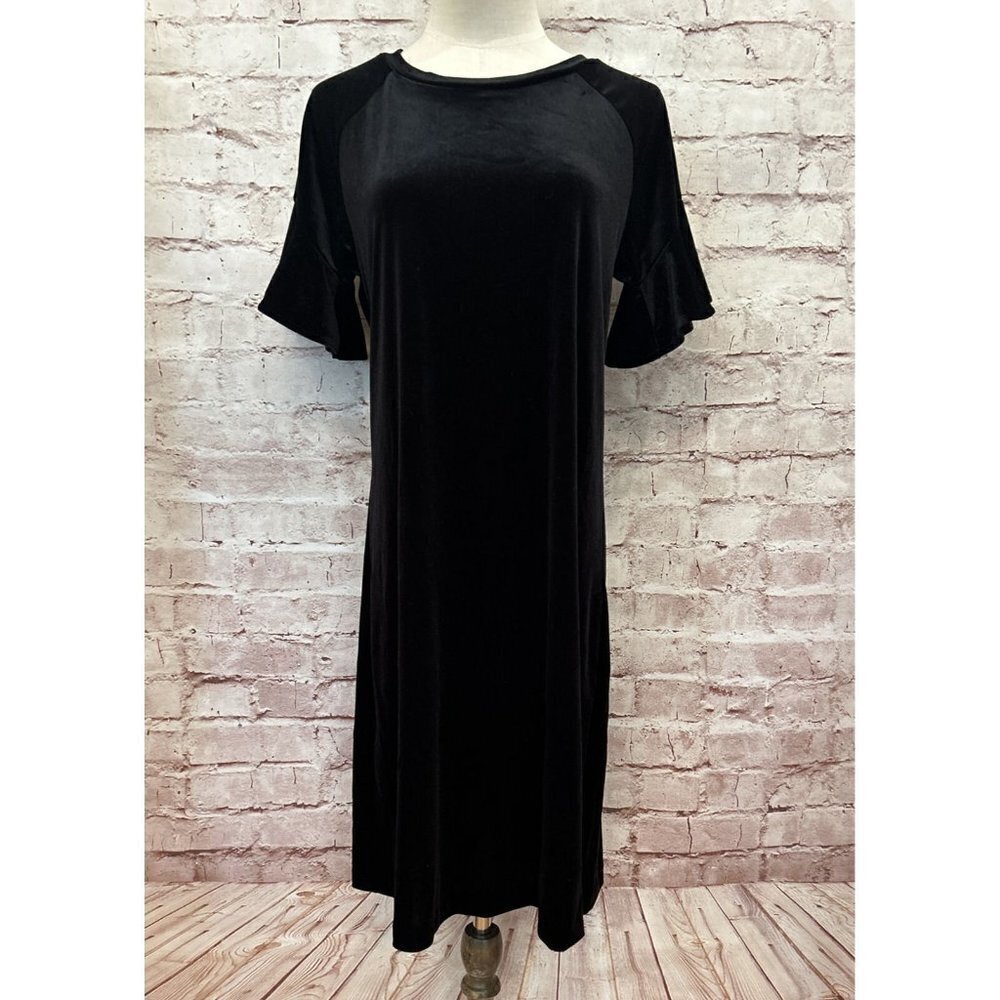 Worthington Black Velvet Dress Ruffle Edge Short Sleeve Knee Length Stretch NEW